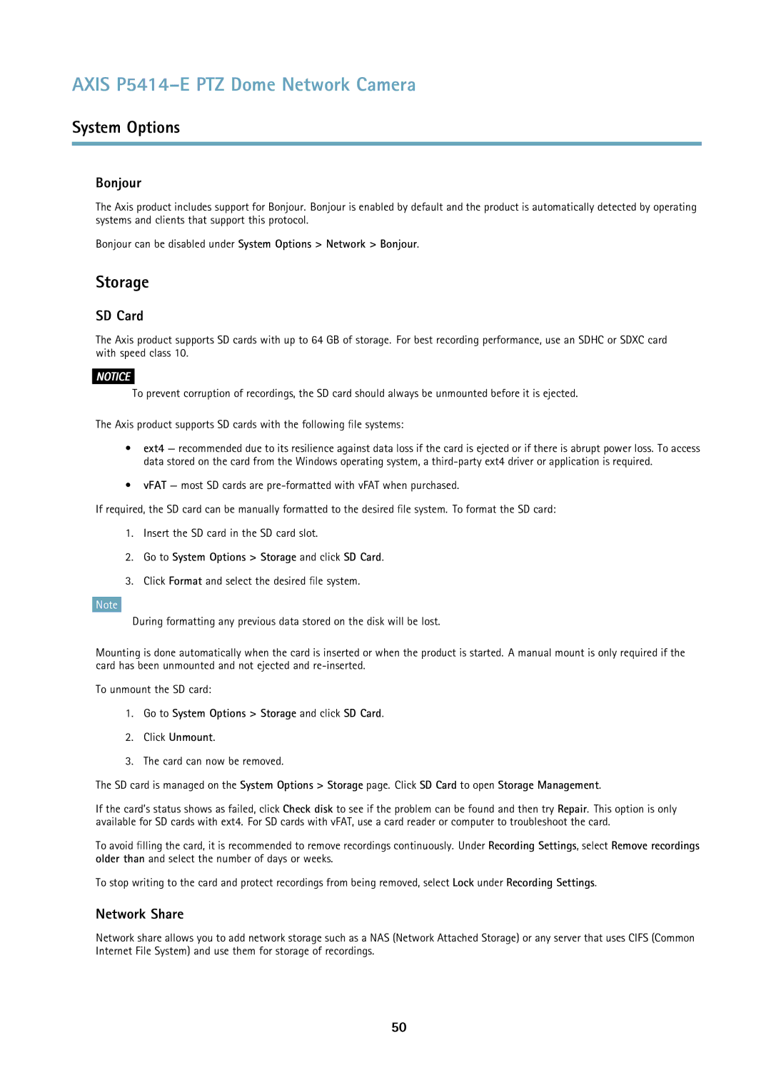 Axis Communications P5414E user manual Bonjour, Network Share, Go to System Options Storage and click SD Card 