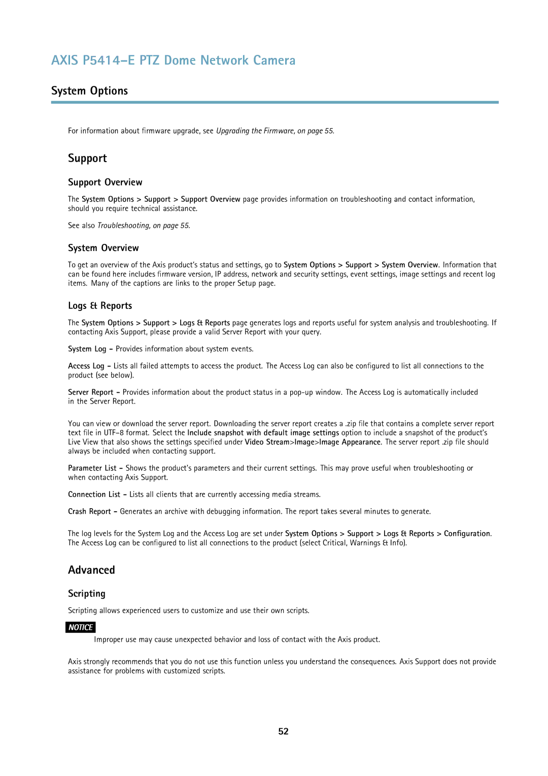 Axis Communications P5414E user manual Support Overview, System Overview, Logs & Reports, Scripting 