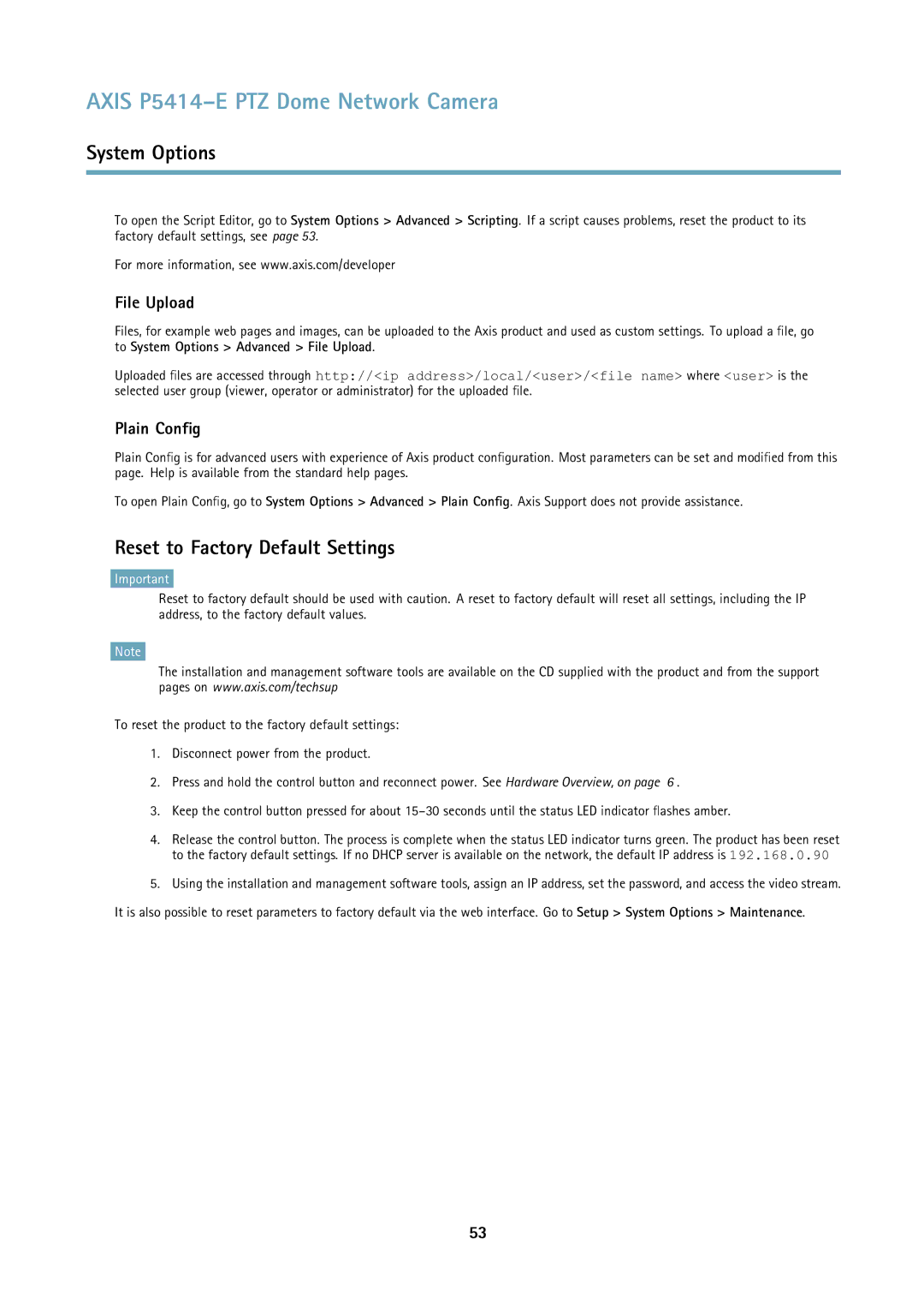 Axis Communications P5414E user manual Reset to Factory Default Settings, File Upload, Plain Config 