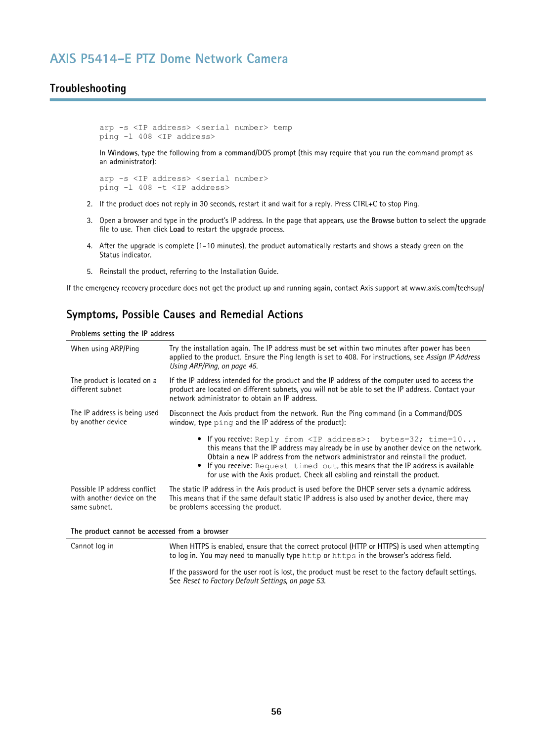 Axis Communications P5414E user manual Symptoms, Possible Causes and Remedial Actions, Problems setting the IP address 