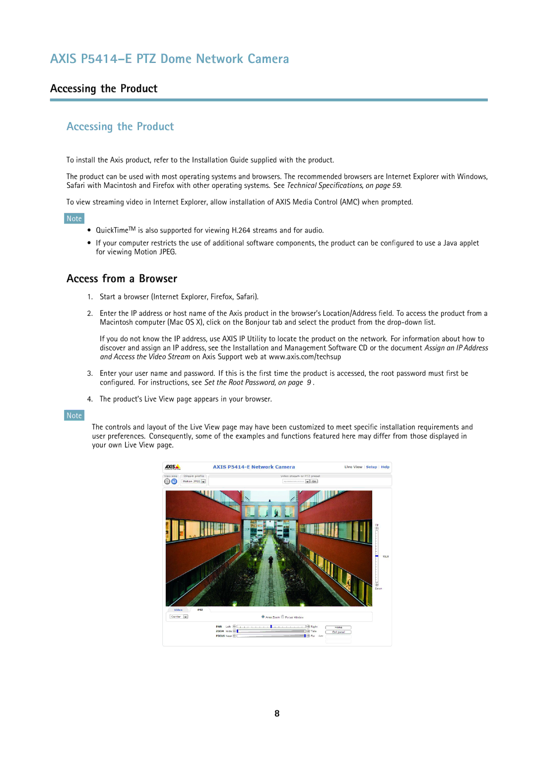 Axis Communications P5414E user manual Accessing the Product, Access from a Browser 