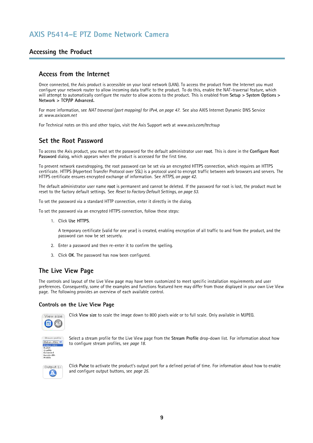 Axis Communications P5414E user manual Accessing the Product Access from the Internet, Set the Root Password, Live View 