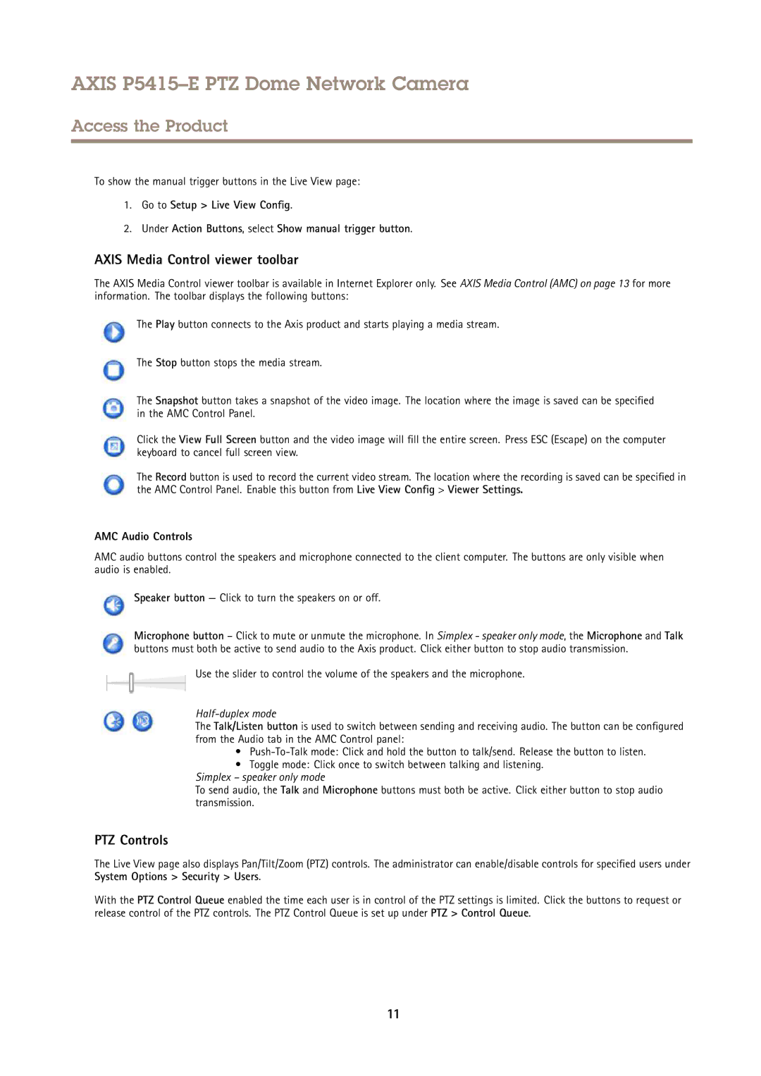 Axis Communications P5415E user manual Axis Media Control viewer toolbar, PTZ Controls, AMC Audio Controls 
