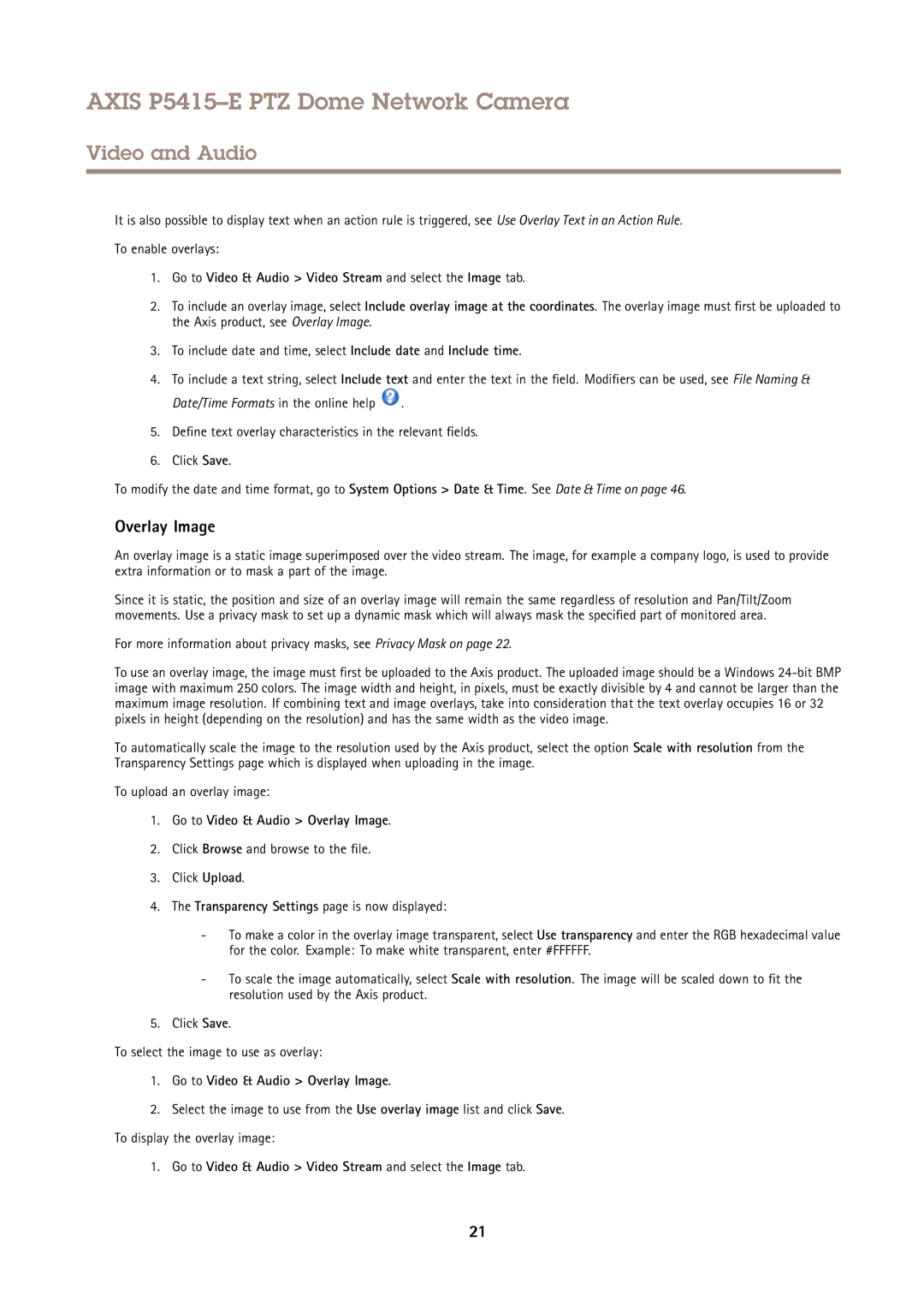 Axis Communications P5415E user manual Overlay Image, Go to Video & Audio Video Stream and select the Image tab 