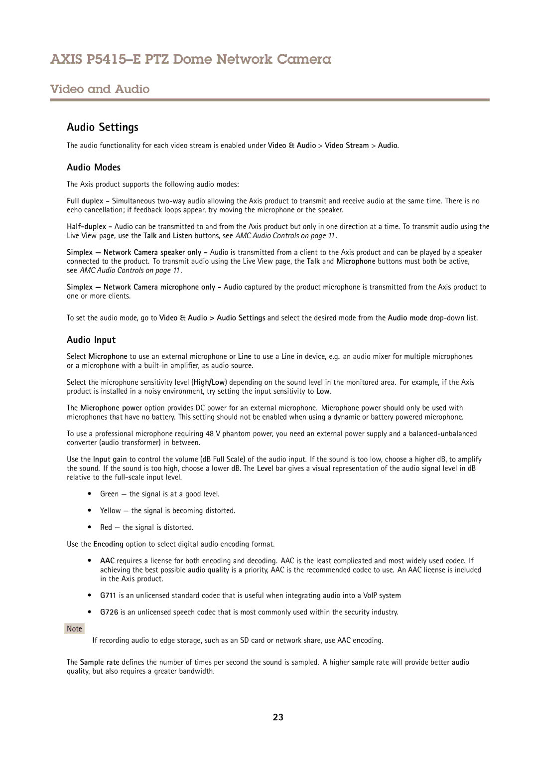 Axis Communications P5415E user manual Audio Settings, Audio Modes, Audio Input 