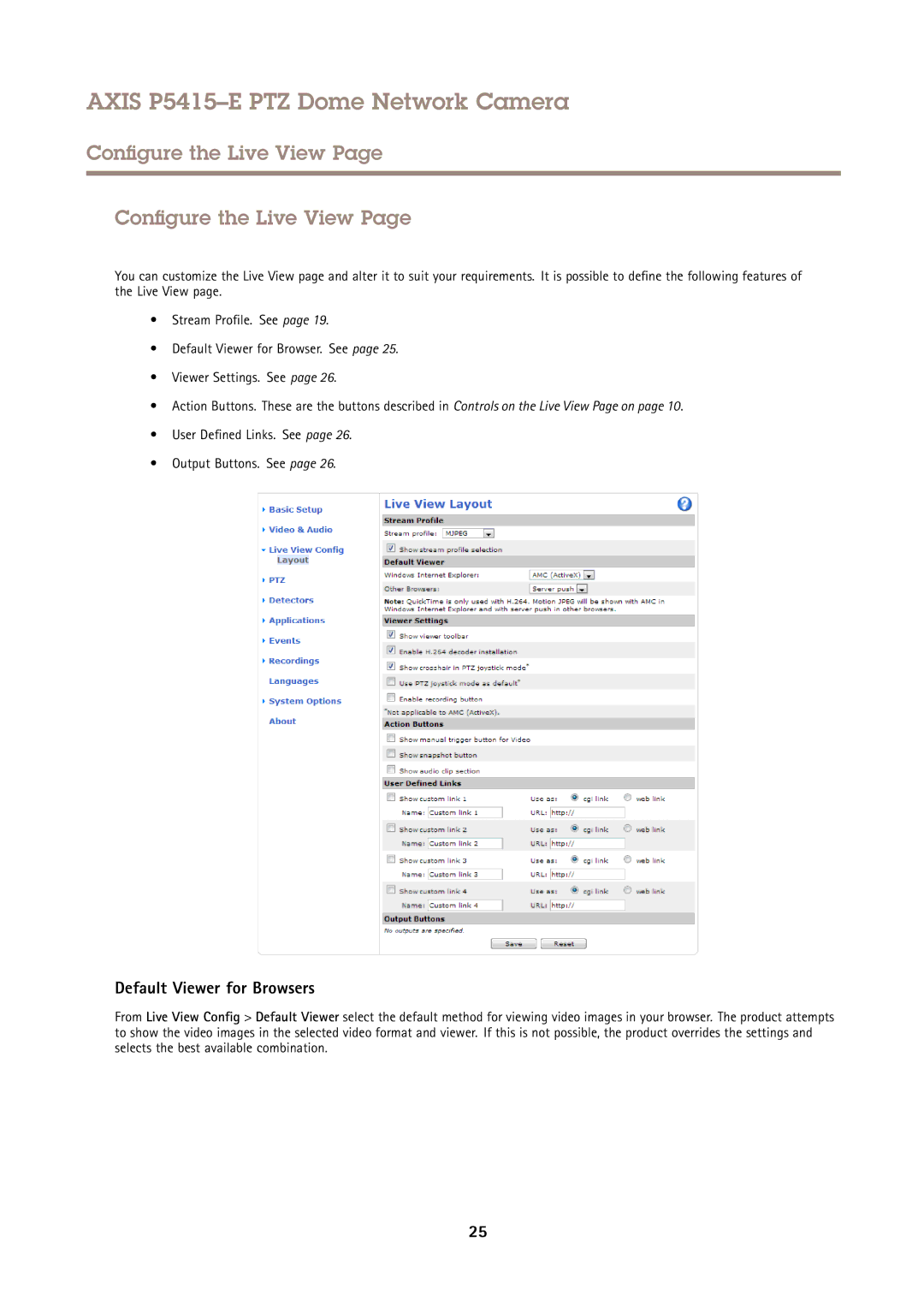 Axis Communications P5415E user manual Configure the Live View, Default Viewer for Browsers 