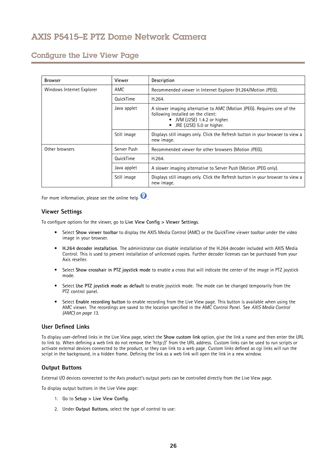 Axis Communications P5415E user manual Viewer Settings, User Defined Links, Output Buttons, Browser Viewer Description 