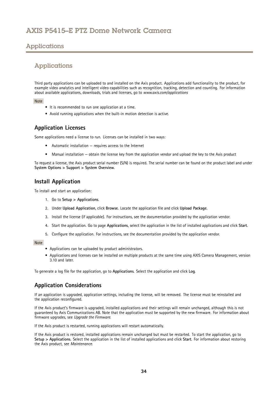 Axis Communications P5415E user manual Applications, Application Licenses, Install Application, Application Considerations 