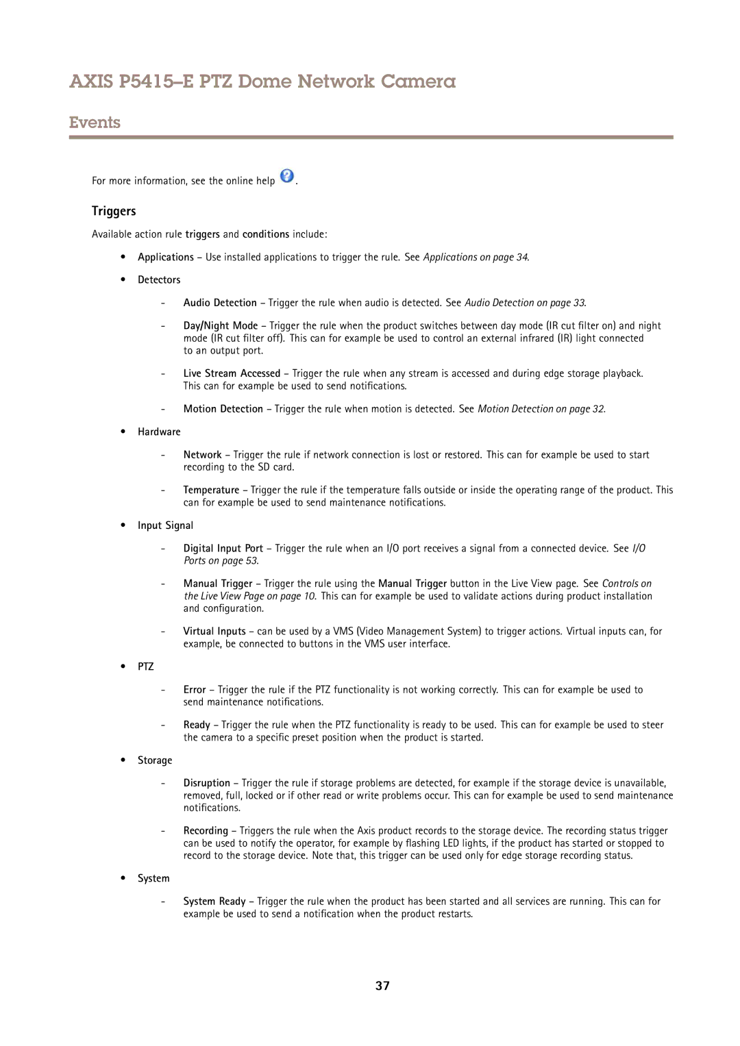 Axis Communications P5415E user manual Triggers 