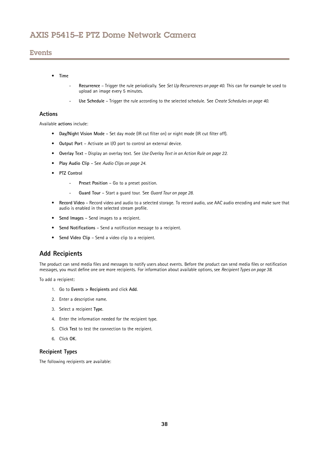 Axis Communications P5415E user manual Add Recipients, Actions, Recipient Types 