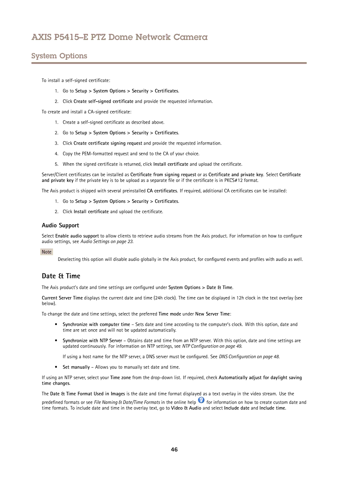 Axis Communications P5415E user manual Date & Time, Audio Support, To install a self-signed certificate 