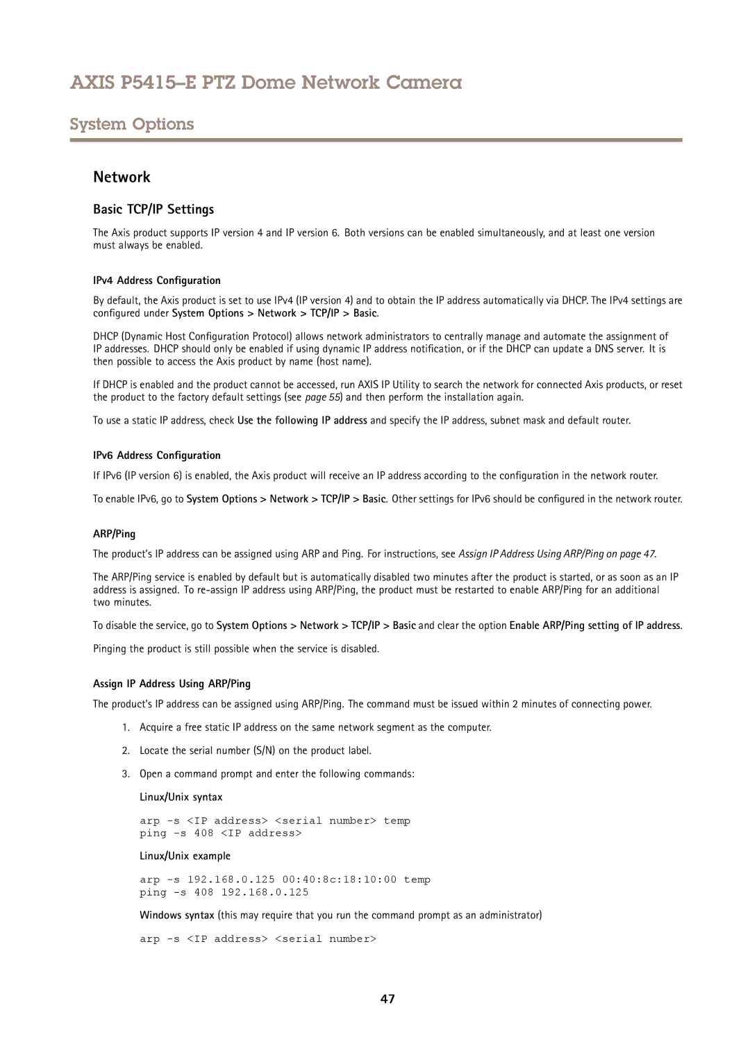 Axis Communications P5415E user manual Network, Basic TCP/IP Settings 