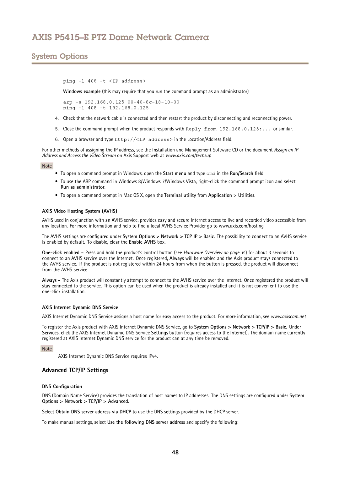 Axis Communications P5415E Advanced TCP/IP Settings, Axis Video Hosting System Avhs, Axis Internet Dynamic DNS Service 