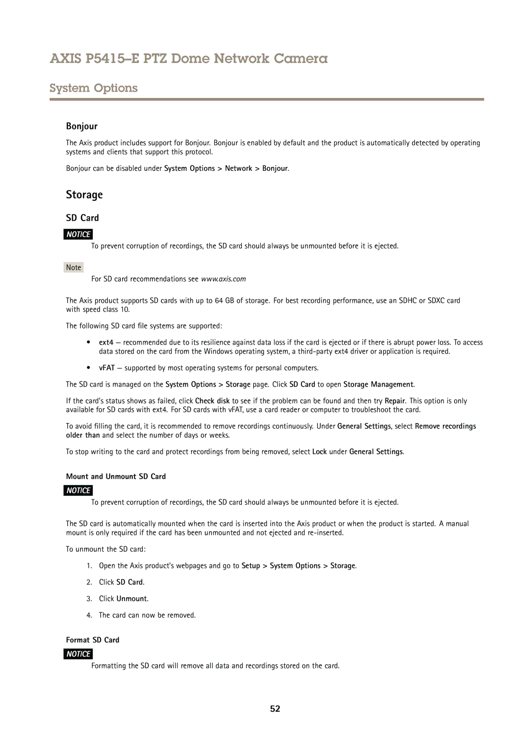 Axis Communications P5415E user manual Storage, Bonjour, Mount and Unmount SD Card, Format SD Card 