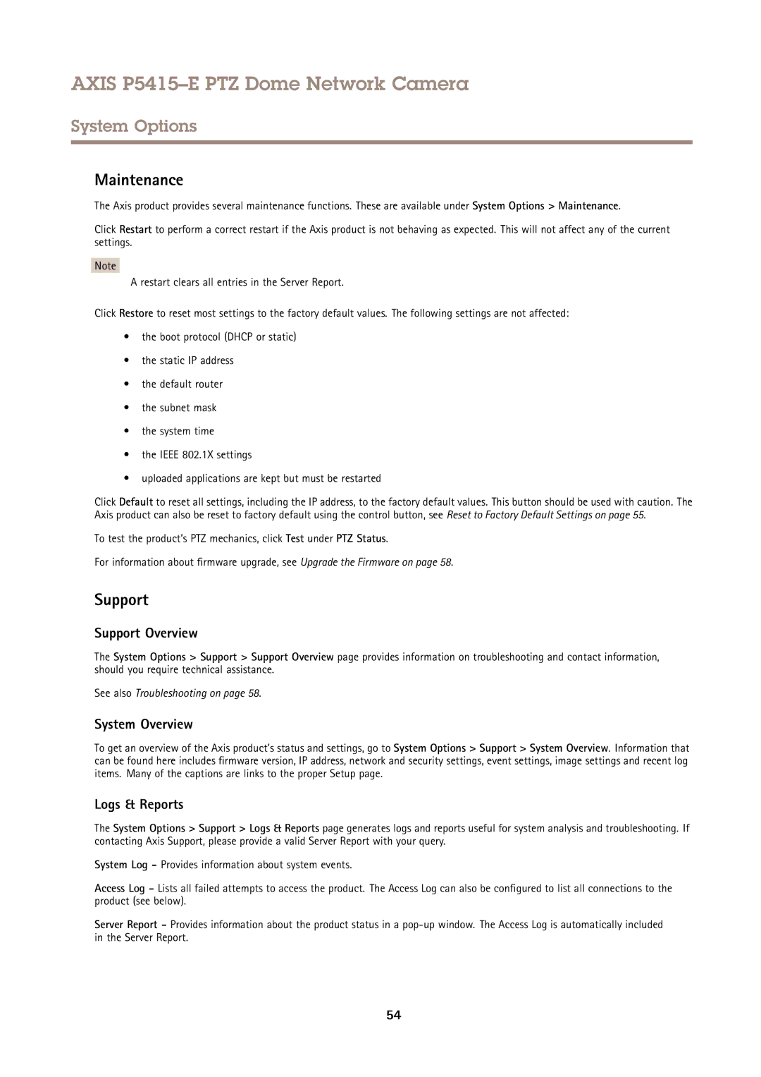 Axis Communications P5415E user manual Maintenance, Support Overview, System Overview, Logs & Reports 