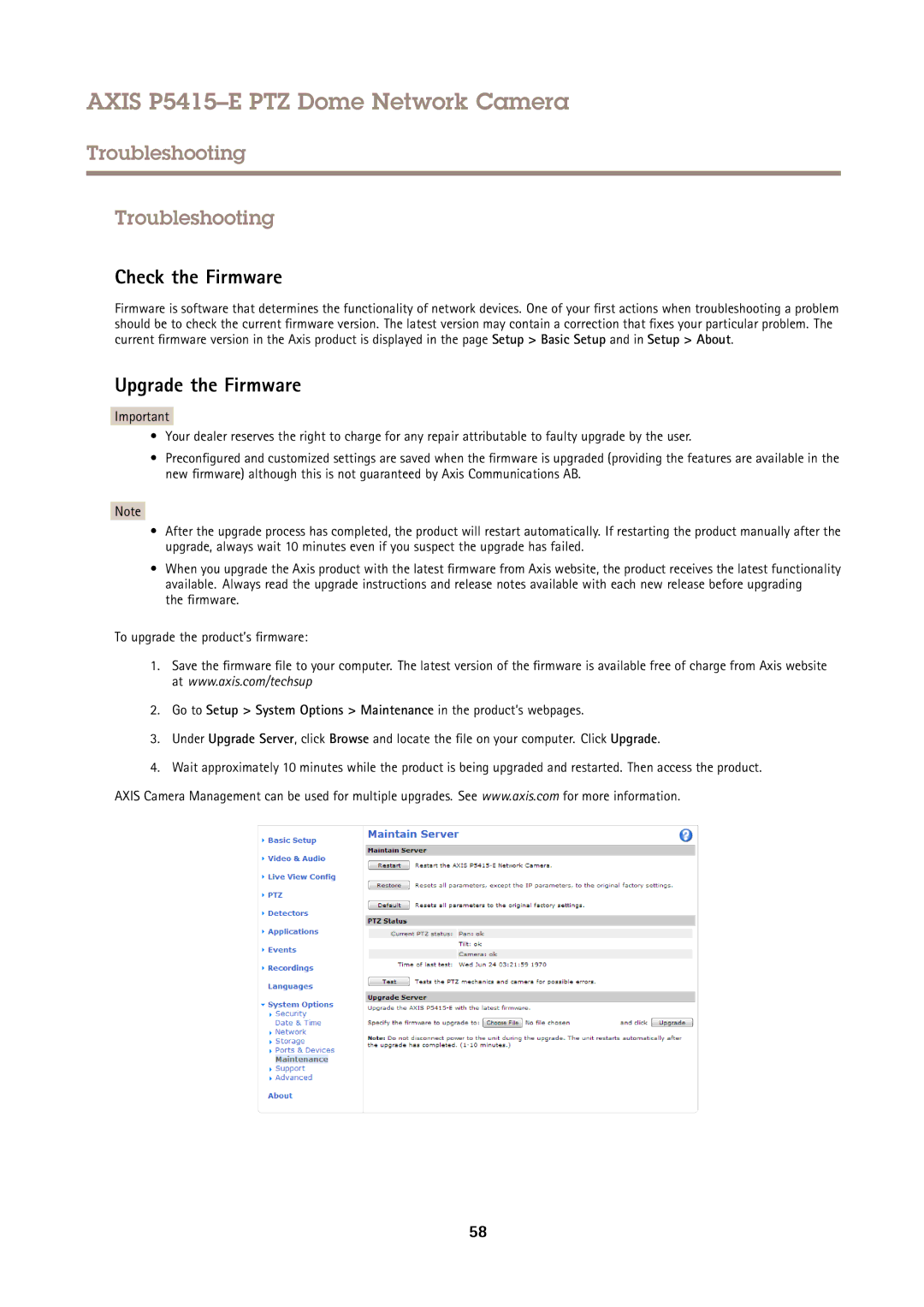 Axis Communications P5415E user manual Troubleshooting, Check the Firmware, Upgrade the Firmware 