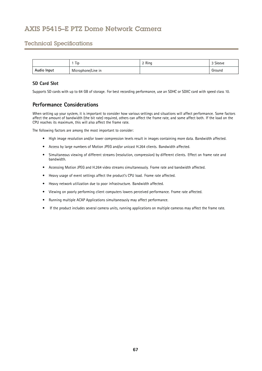 Axis Communications P5415E user manual Performance Considerations, Tip, Audio Input, Microphone/Line 