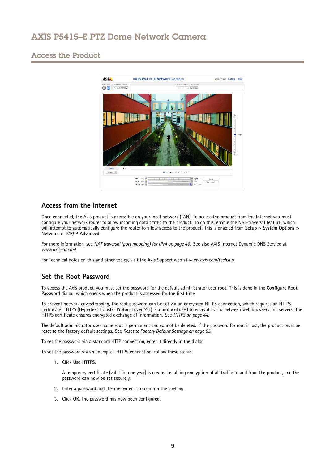 Axis Communications P5415E user manual Access from the Internet, Set the Root Password, Click Use Https 