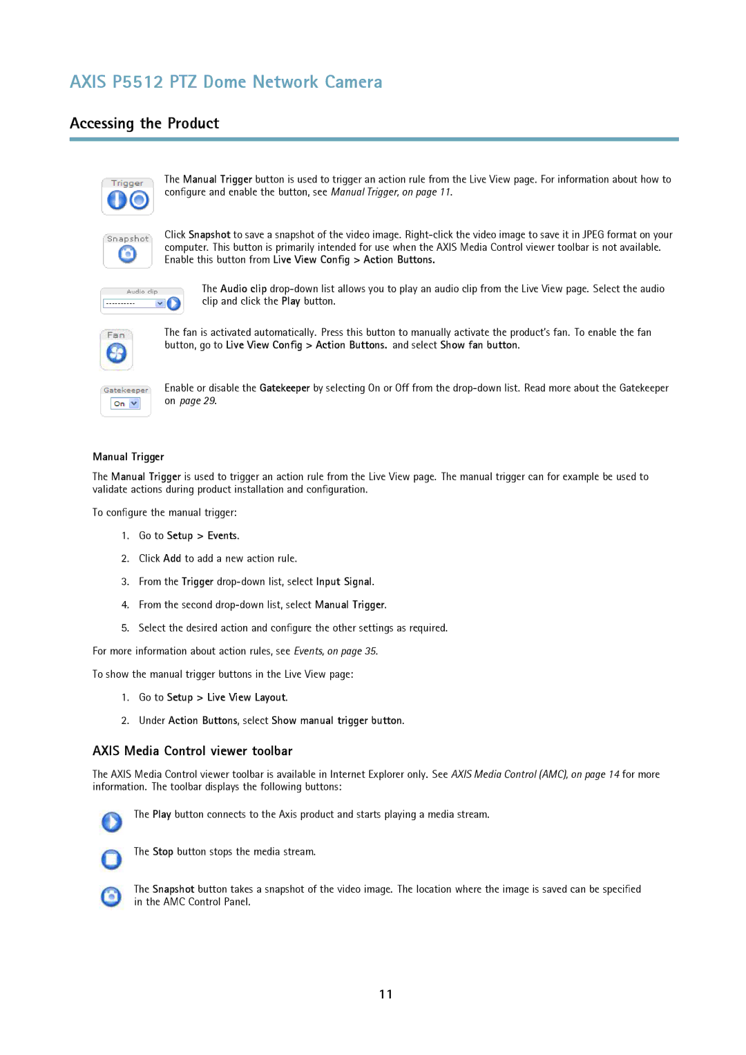 Axis Communications P5512 PTZ user manual Axis Media Control viewer toolbar, Manual Trigger, Go to Setup Events 