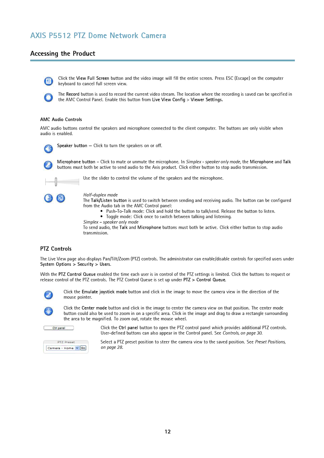 Axis Communications P5512 PTZ user manual PTZ Controls, AMC Audio Controls 