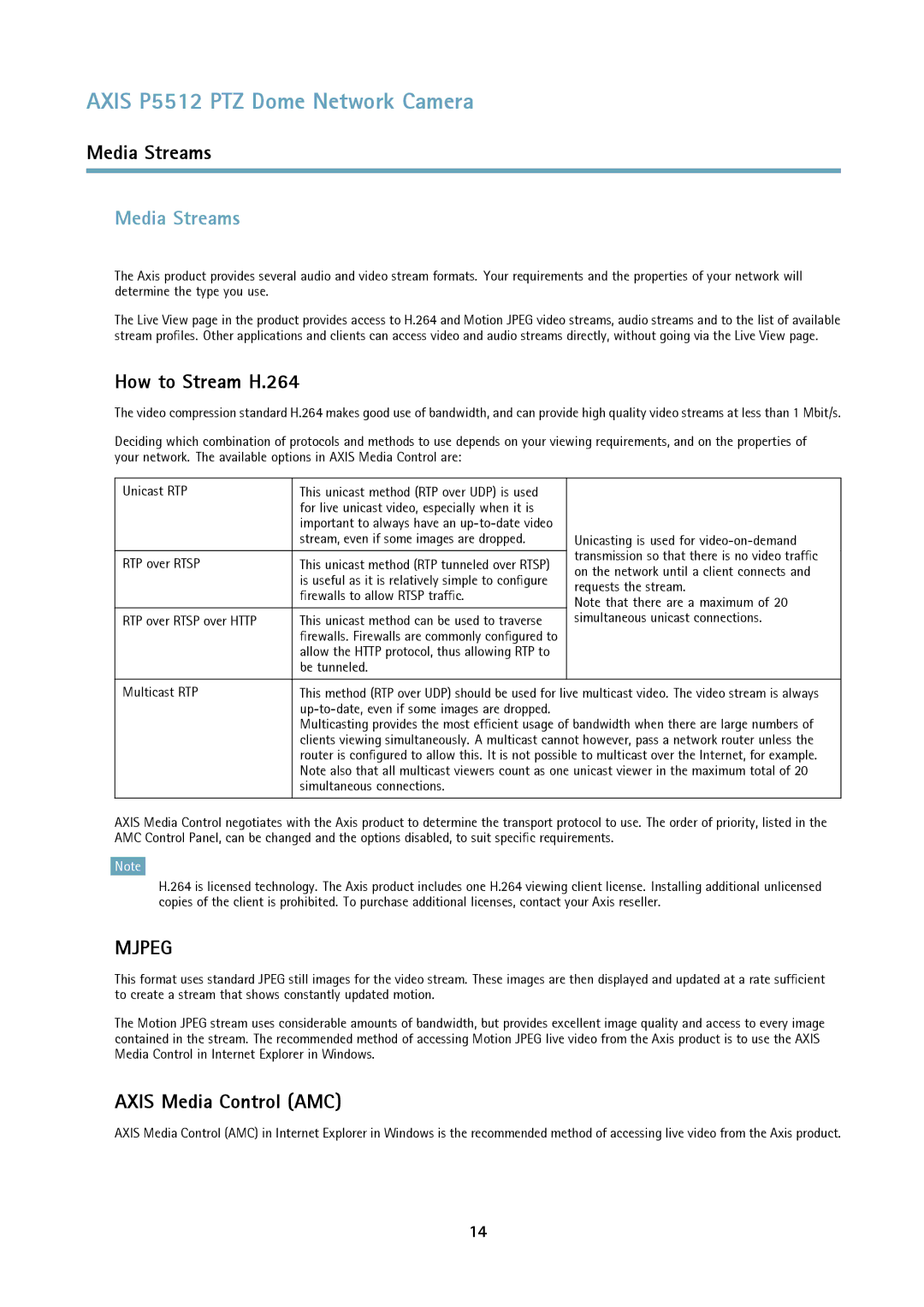 Axis Communications P5512 PTZ user manual Media Streams, How to Stream H.264, Axis Media Control AMC 