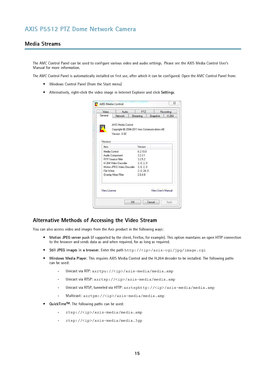 Axis Communications P5512 PTZ user manual Alternative Methods of Accessing the Video Stream 