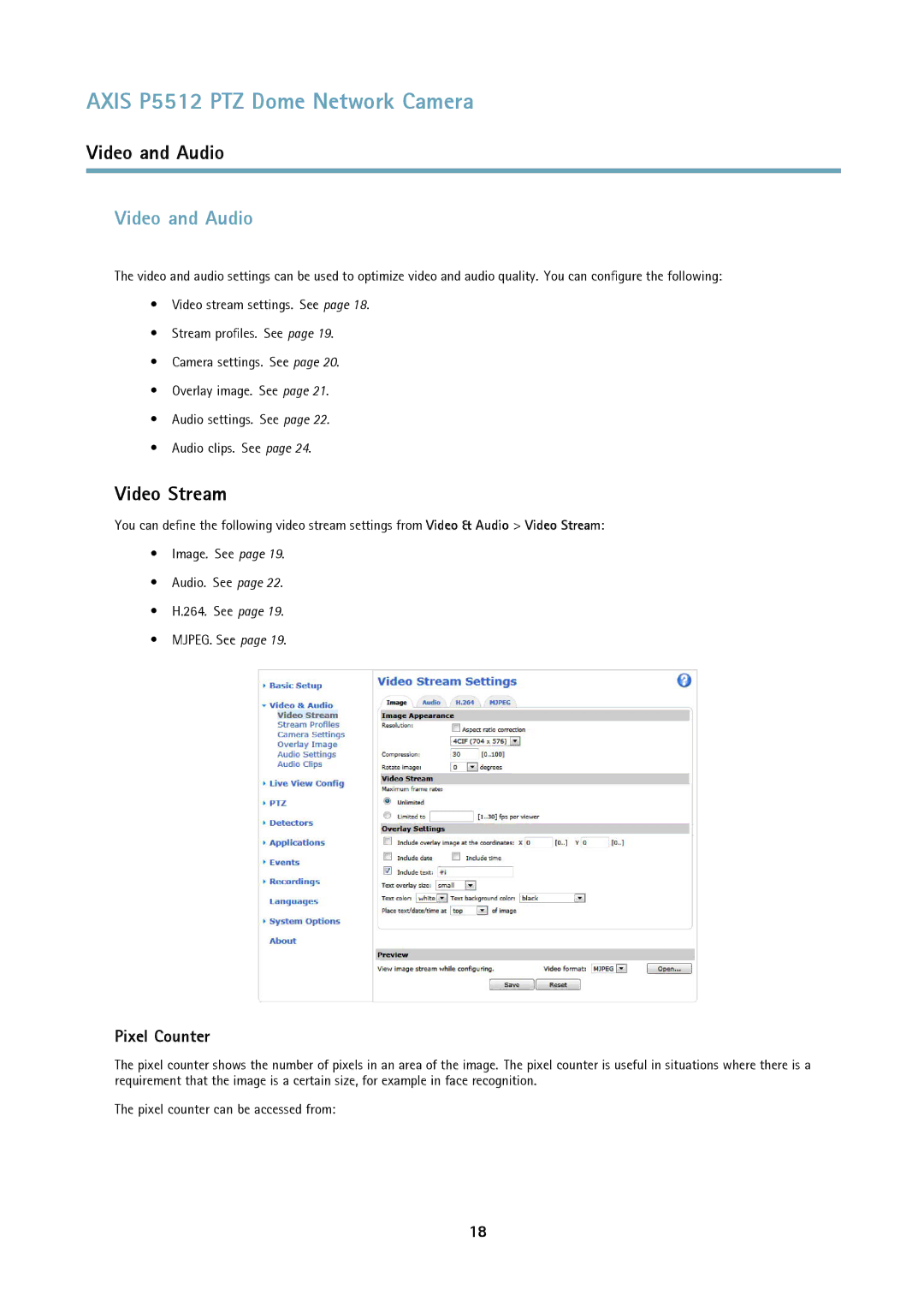 Axis Communications P5512 PTZ user manual Video and Audio, Video Stream, Pixel Counter 