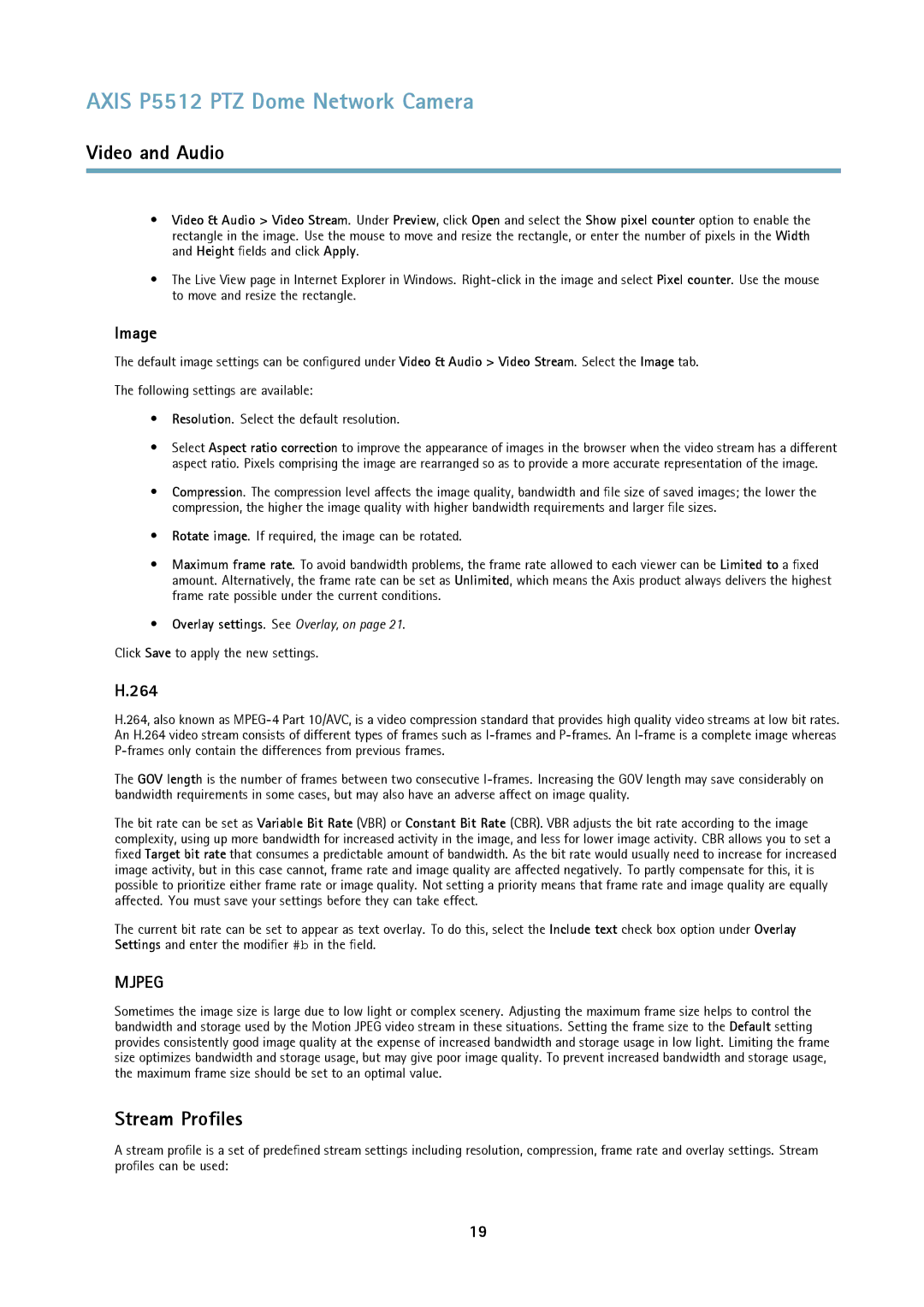 Axis Communications P5512 PTZ user manual Stream Profiles, Image, 264, Click Save to apply the new settings 