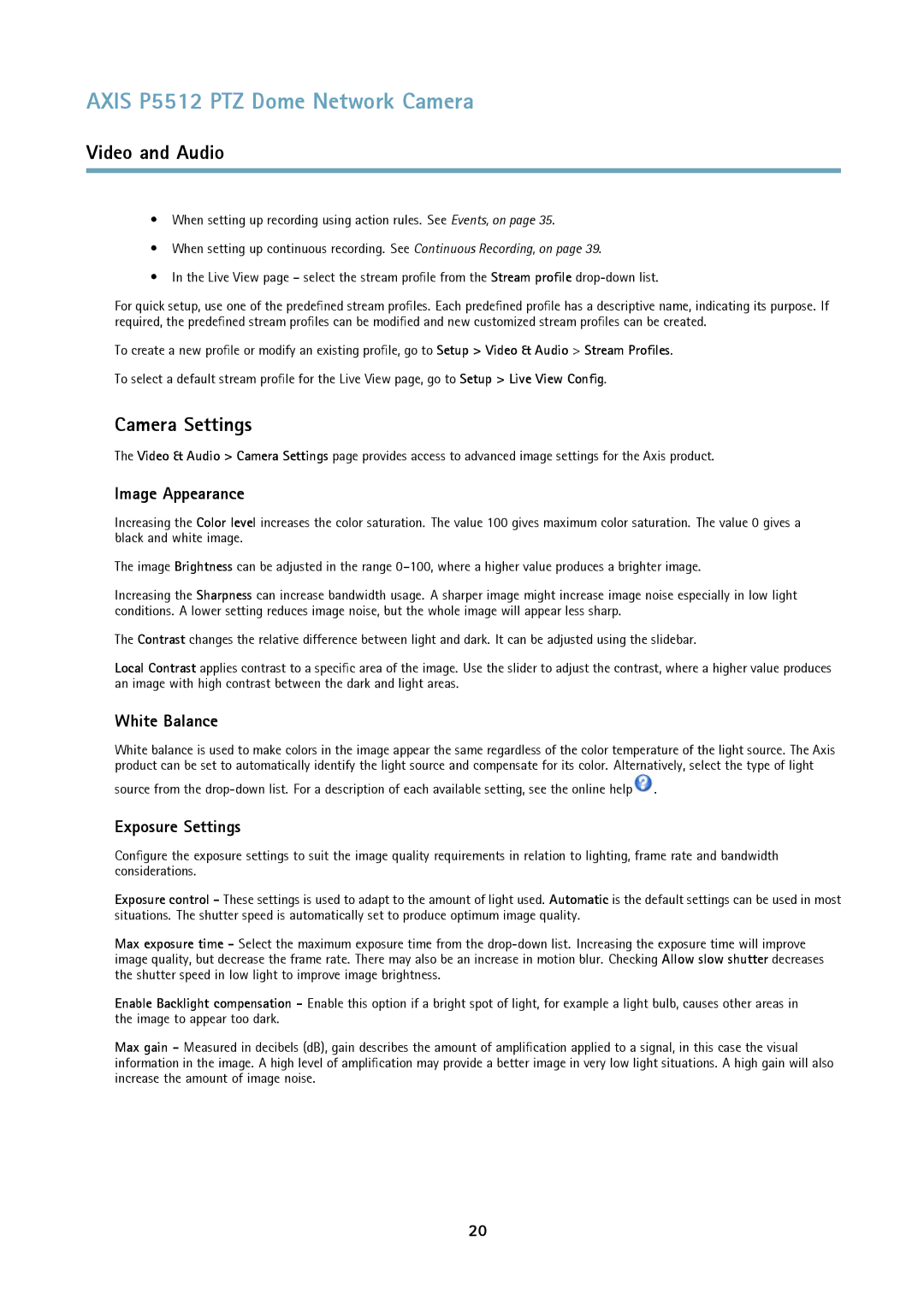 Axis Communications P5512 PTZ user manual Camera Settings, Image Appearance, White Balance, Exposure Settings 