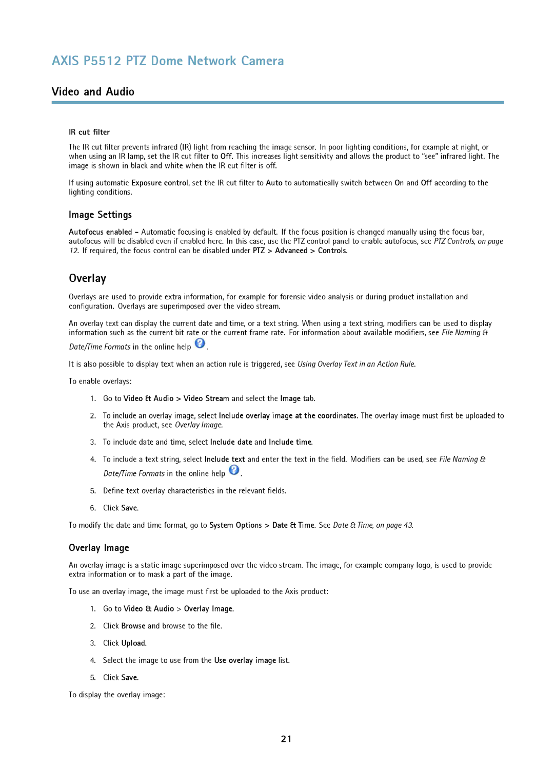 Axis Communications P5512 PTZ user manual Image Settings, Overlay Image 