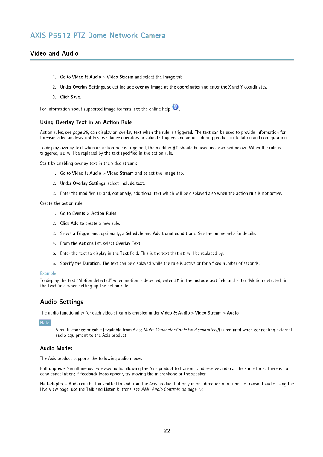 Axis Communications P5512 PTZ Audio Settings, Using Overlay Text in an Action Rule, Audio Modes, Go to Events Action Rules 