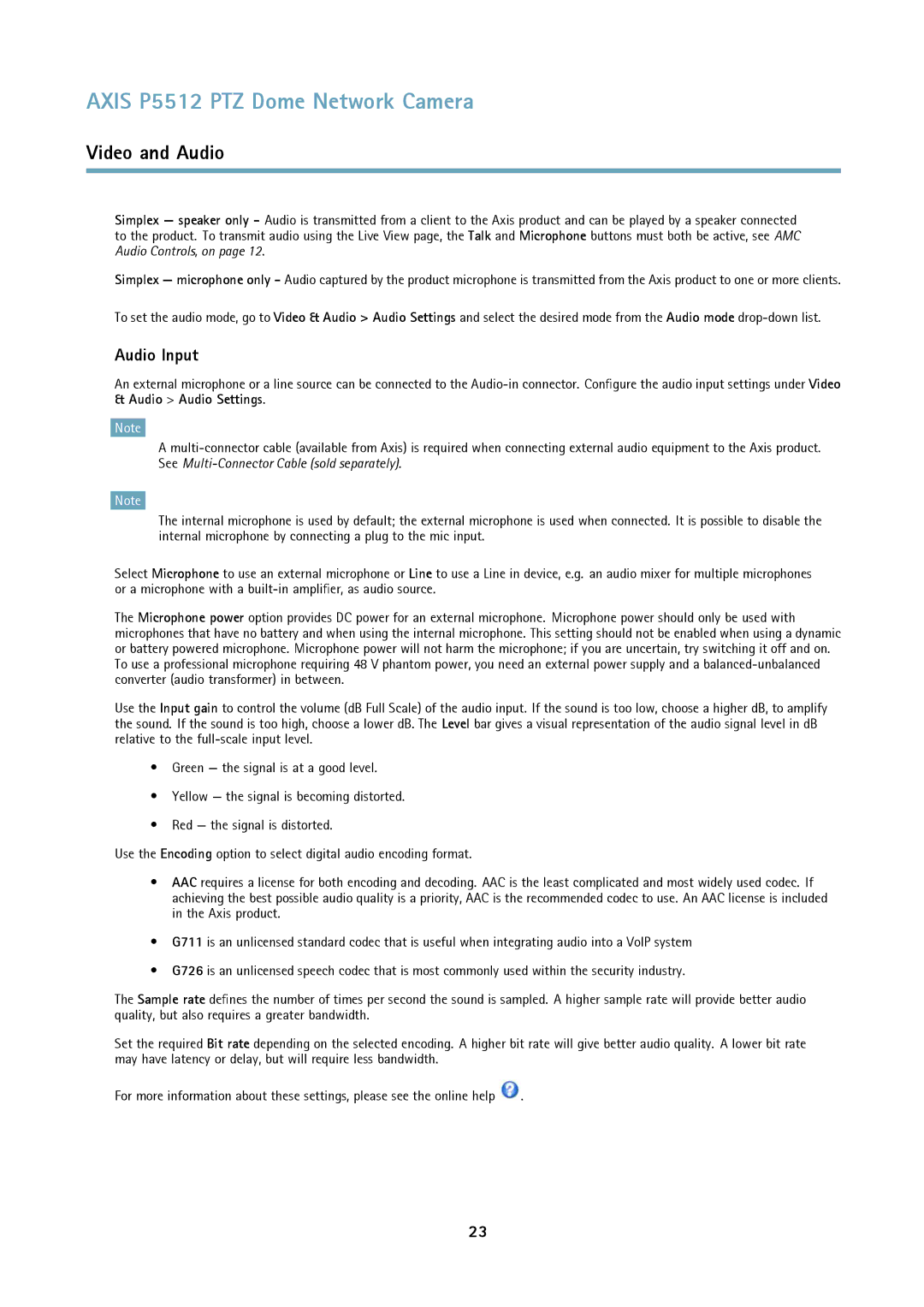 Axis Communications P5512 PTZ user manual Audio Input 