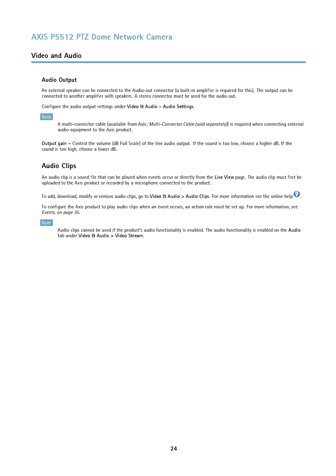 Axis Communications P5512 PTZ user manual Audio Clips, Audio Output 