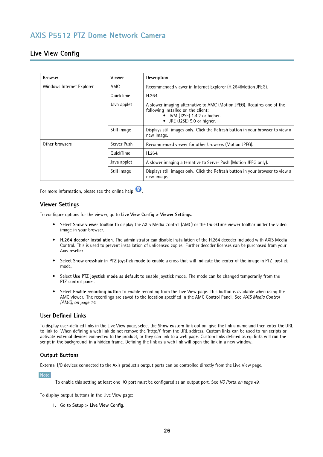 Axis Communications P5512 PTZ user manual Viewer Settings, User Defined Links, Output Buttons, Browser Viewer Description 