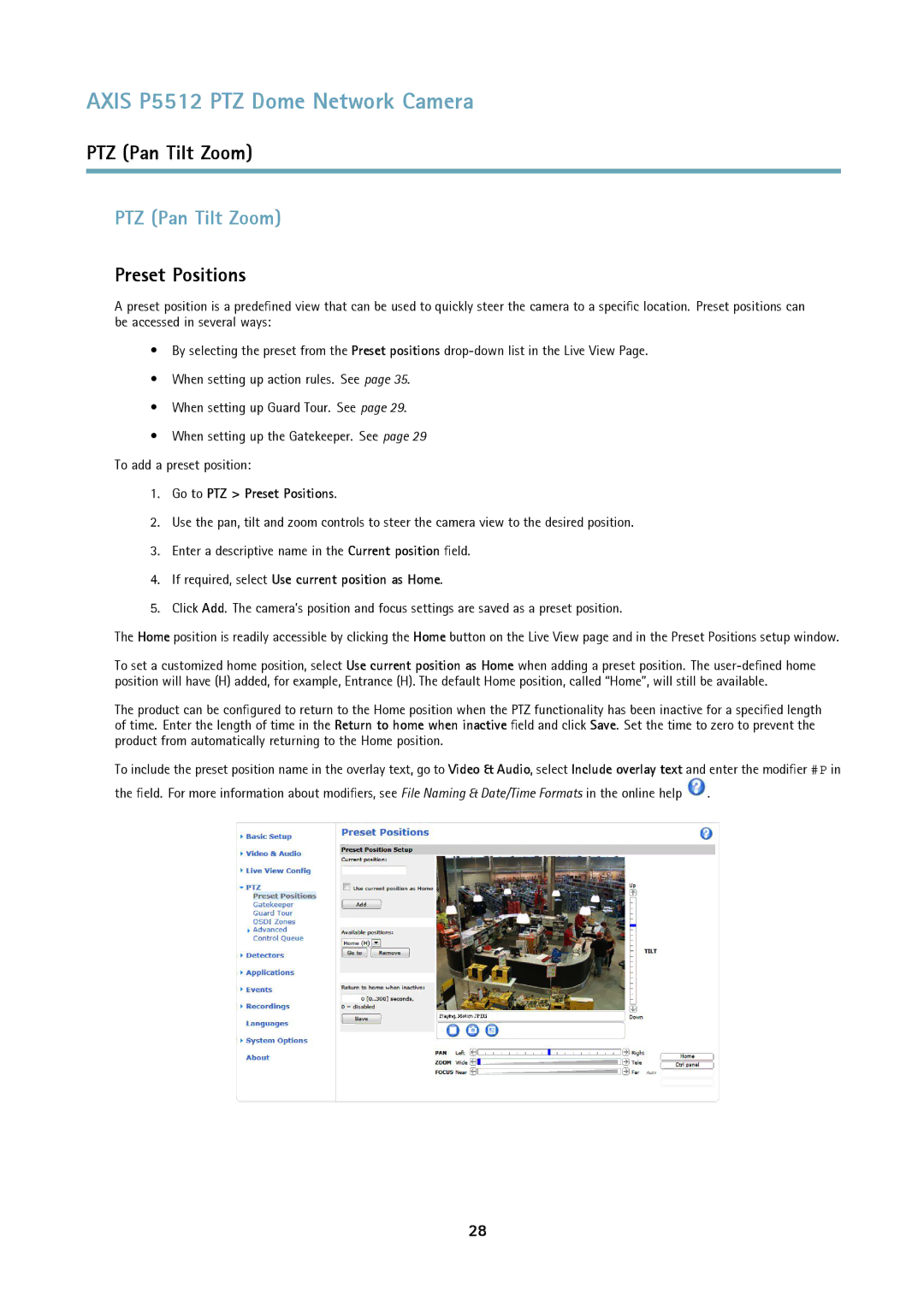 Axis Communications P5512 PTZ user manual PTZ Pan Tilt Zoom, Go to PTZ Preset Positions 