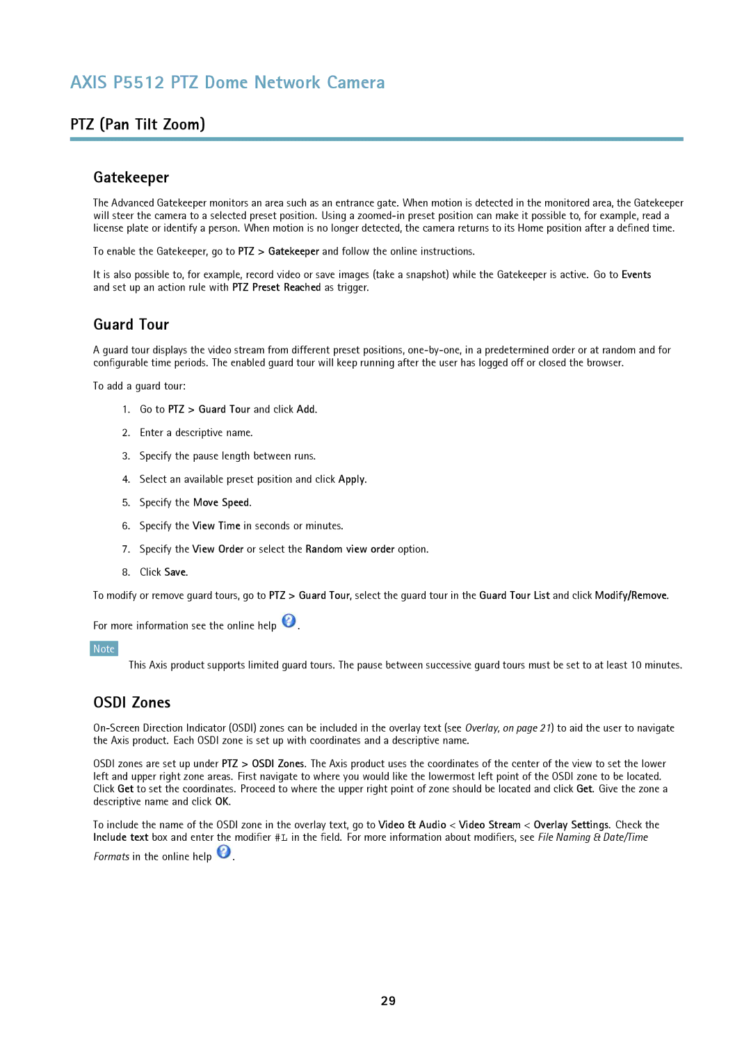 Axis Communications P5512 PTZ user manual PTZ Pan Tilt Zoom Gatekeeper, Osdi Zones, Go to PTZ Guard Tour and click Add 