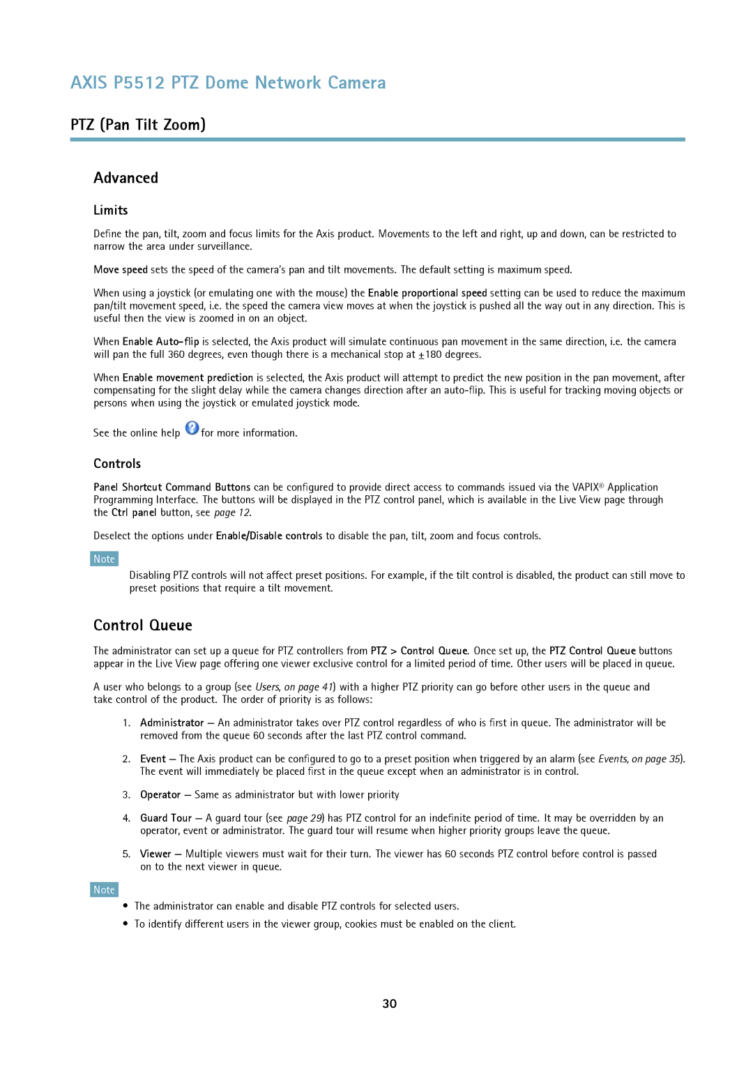 Axis Communications P5512 PTZ user manual PTZ Pan Tilt Zoom Advanced, Control Queue, Limits, Controls 