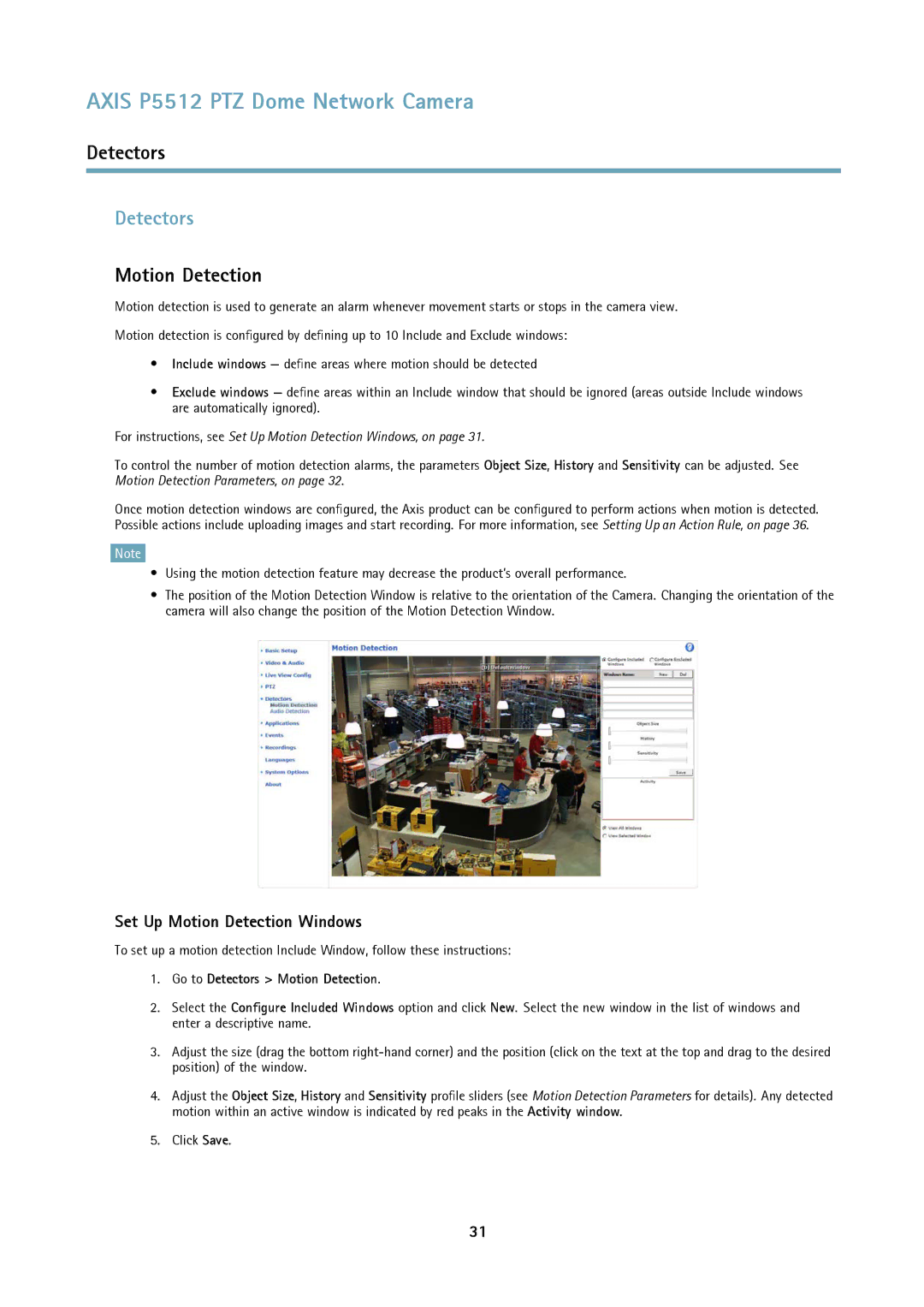 Axis Communications P5512 PTZ user manual Set Up Motion Detection Windows, Go to Detectors Motion Detection 