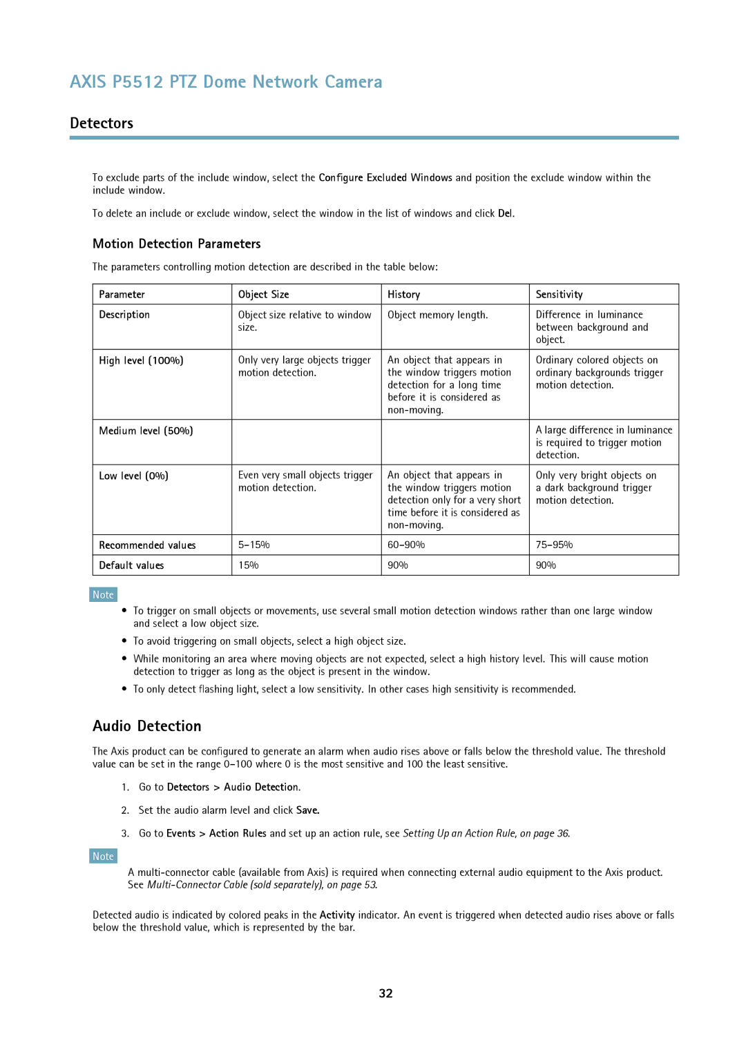 Axis Communications P5512 PTZ user manual Audio Detection, Motion Detection Parameters 