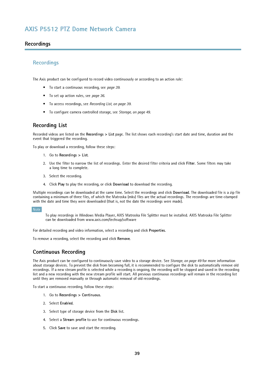 Axis Communications P5512 PTZ user manual Recordings, Recording List, Continuous Recording 