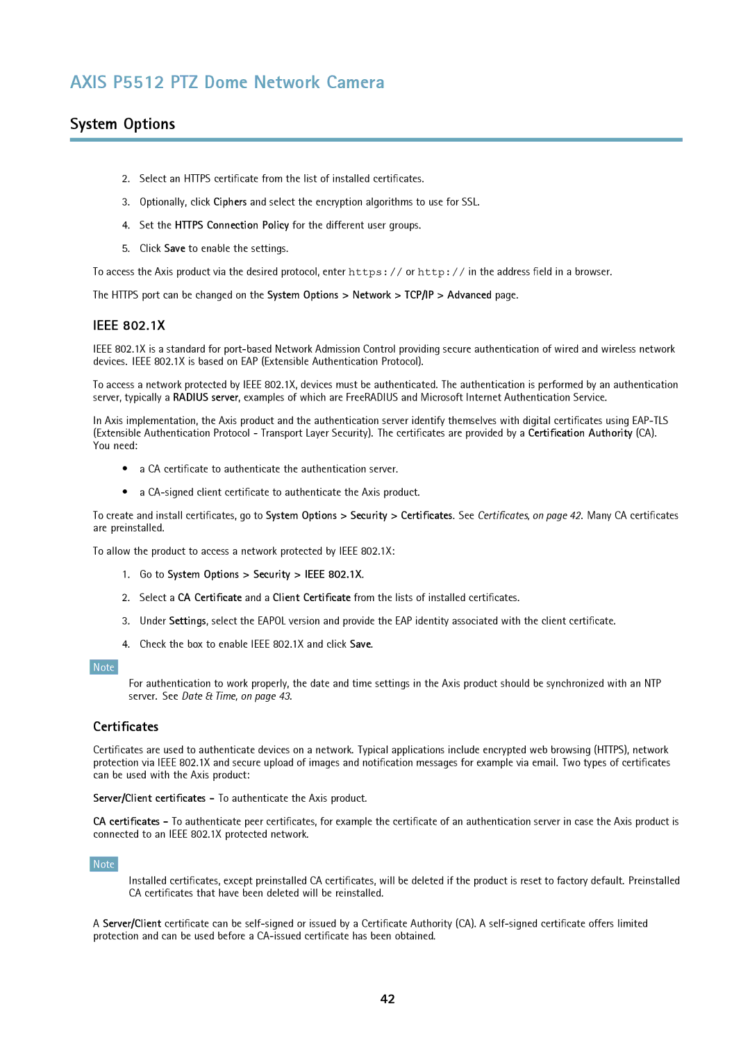 Axis Communications P5512 PTZ user manual Certificates, Go to System Options Security Ieee 