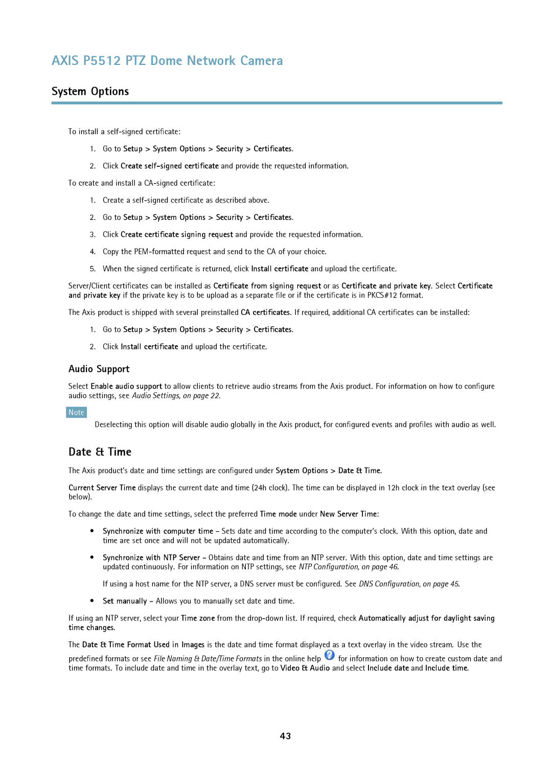 Axis Communications P5512 PTZ user manual Date & Time, Audio Support, To install a self-signed certificate 