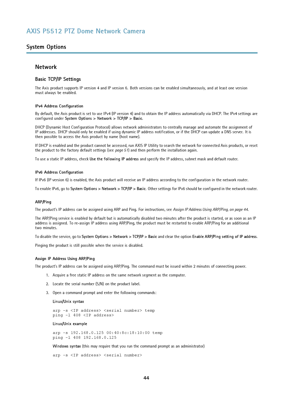 Axis Communications P5512 PTZ user manual System Options Network, Basic TCP/IP Settings 