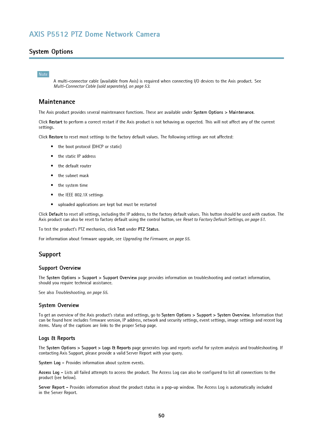 Axis Communications P5512 PTZ user manual Maintenance, Support Overview, System Overview, Logs & Reports 