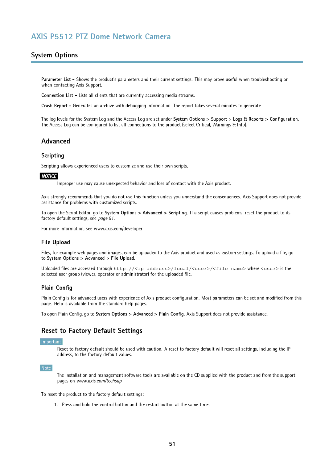 Axis Communications P5512 PTZ user manual Reset to Factory Default Settings, Scripting, File Upload, Plain Config 