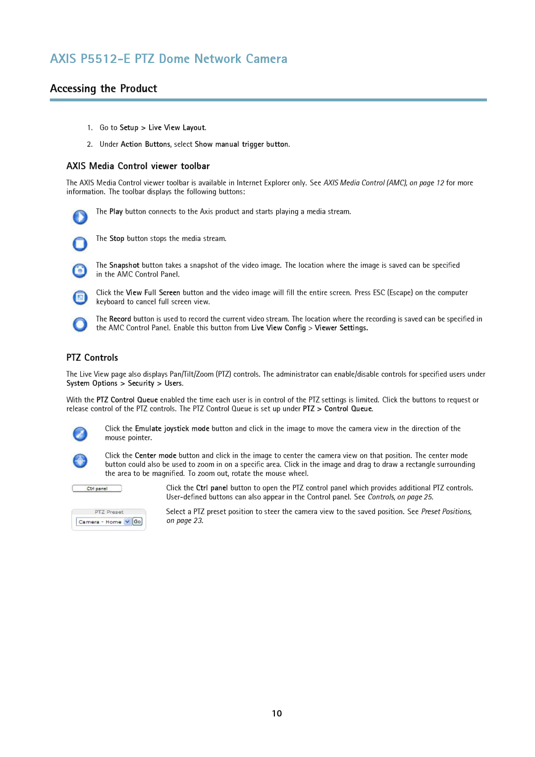 Axis Communications P5512 user manual Axis Media Control viewer toolbar, PTZ Controls 