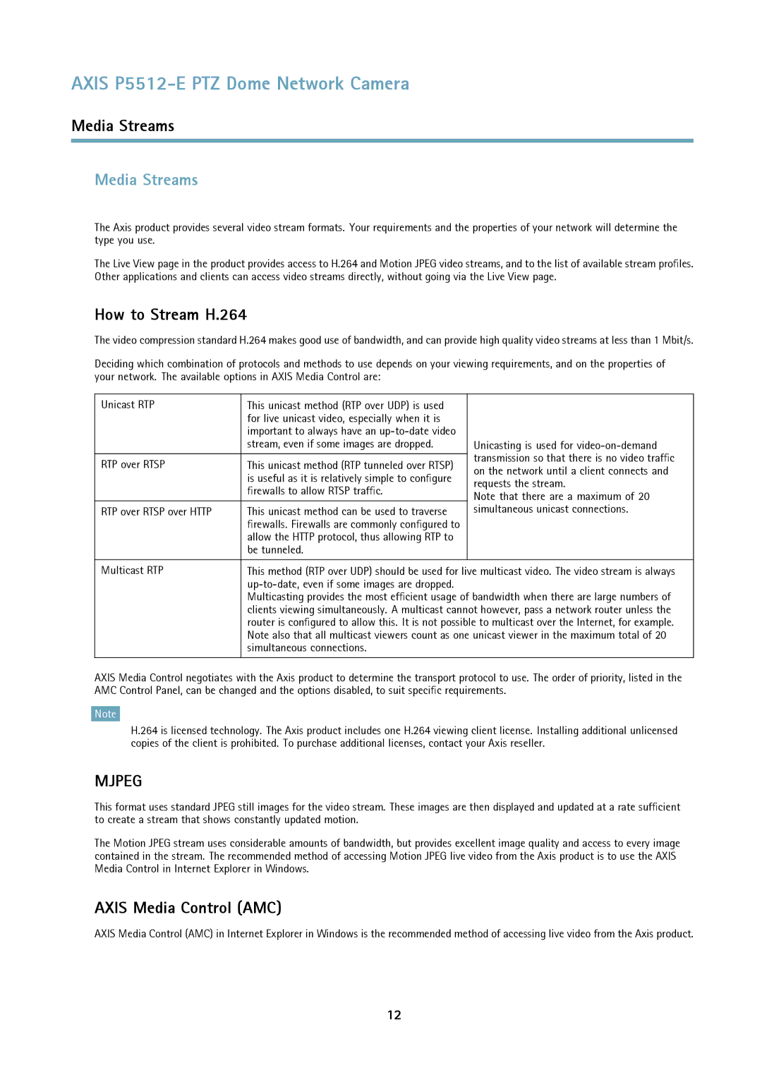 Axis Communications P5512 user manual Media Streams, How to Stream H.264, Axis Media Control AMC 