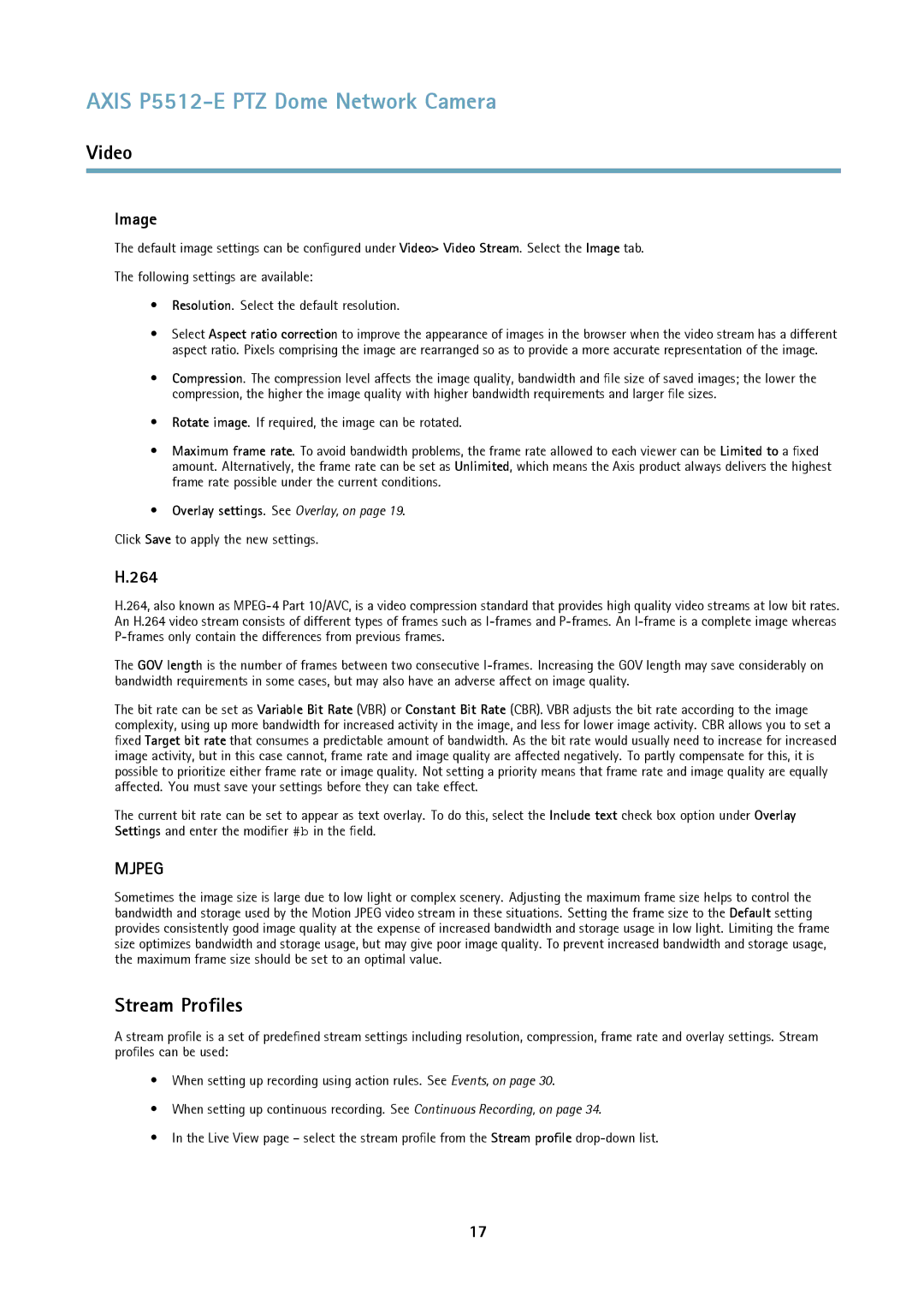 Axis Communications P5512 user manual Stream Profiles, Image, 264, Click Save to apply the new settings 