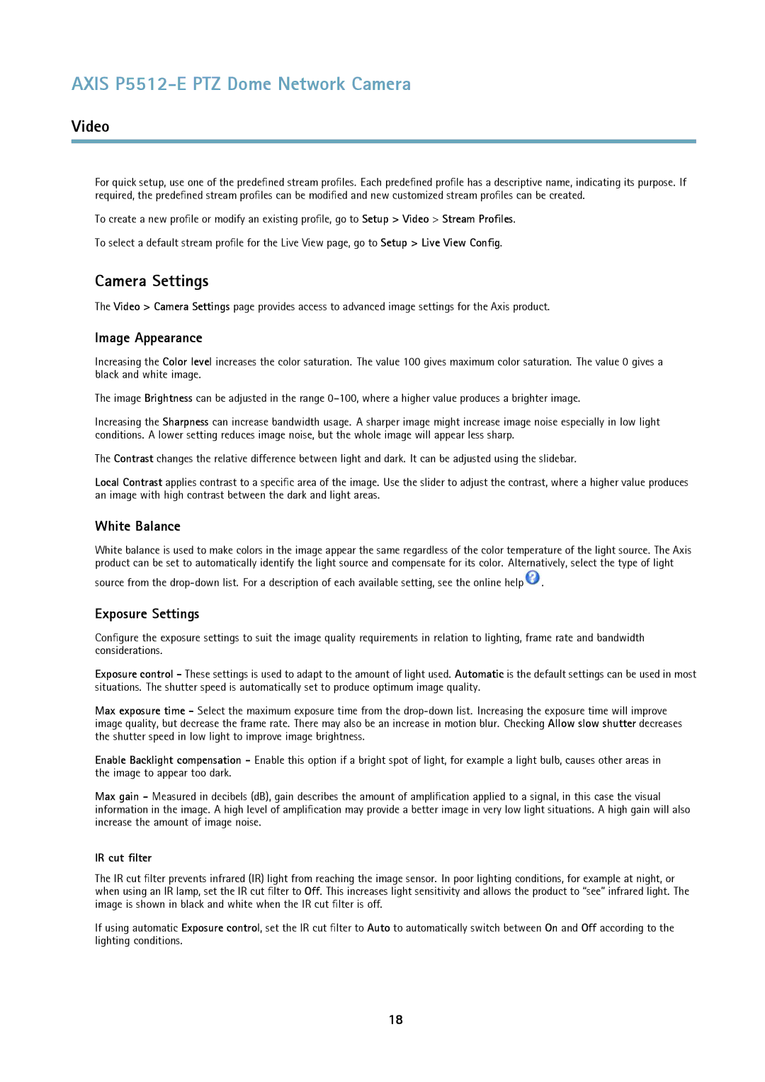Axis Communications P5512 user manual Camera Settings, Image Appearance, White Balance, Exposure Settings, IR cut filter 