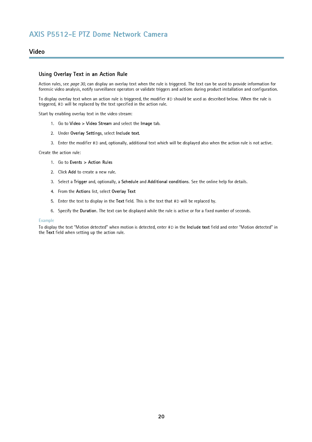 Axis Communications P5512 user manual Using Overlay Text in an Action Rule, Go to Events Action Rules 